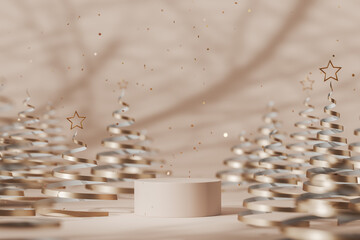 Empty pedestal and abstract christmas trees with confetti