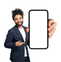 Middle eastern businessman and big mockup phone, isolated over w