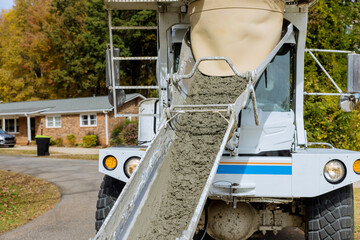 Mixer truck is used for pouring wet cement concrete in construction area site