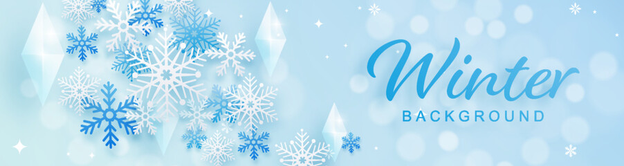 Fototapeta na wymiar Snowflakes design for winter with snowflakes paper cut style on color background. 
