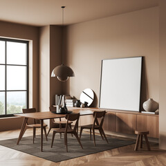 Light living room interior with eating table, decor and window. Mockup frame