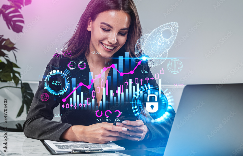 Poster smiling businesswoman using smartphone, startup rocket launch and forex diagrams