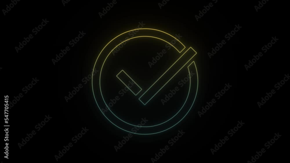 Poster glowing neon check mark icon on black background. completed the task at the enterprise. 4k video ani
