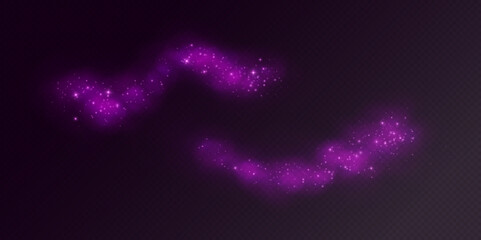 Magic cloud with sparkles, purple fairy stardust with sparks. Shiny fog for a witch spell, cosmic dust with glowing flares isolated on a dark background. Vector illustration.