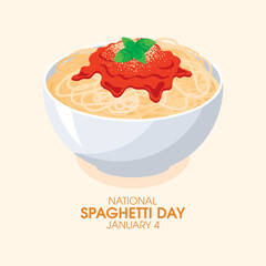 National Spaghetti Day vector. Bowl of spaghetti with tomato sauce, cheese and basil leaf icon vector. January 4. Important day