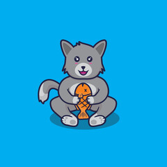 vector illustration of cute cat eating fish, with cartoon style, .suitable as a sticker, t-shirt design, etc