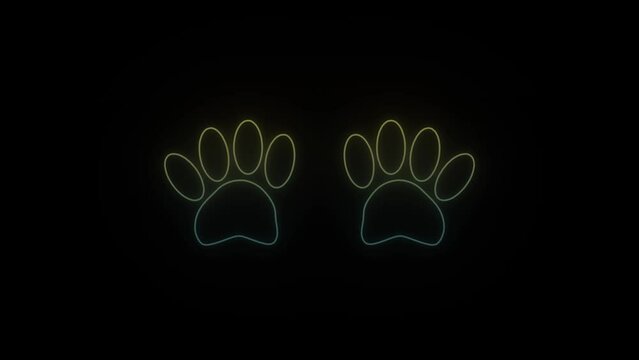 Glowing neon paws icon on black background. logo for a pet store. 4K video animation for motion graphics and compositing.