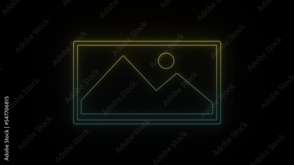 Poster glowing neon picture icon on black background. photo file on computer. 4k video animation for motion