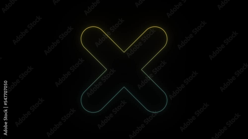 Poster glowing neon cross icon on black background. ban on content. 4k video animation for motion graphics 