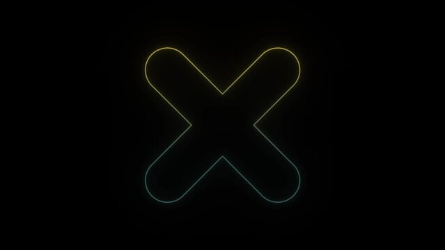 Glowing neon cross icon on black background. ban on content. 4K video animation for motion graphics and compositing.