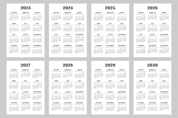 Calendar 2023, 2024, 2025, 2026, 2027, 2028, 2029, 2030 years, black letters on white background - obrazy, fototapety, plakaty