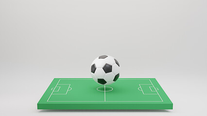 Football soccer ball 3D render design. Football Field Green background for product showcase or Social Media Banner.