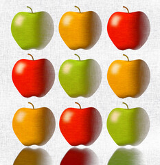 Apples are the subject of this 3-D illustration that includes brilliant colors and dramatic lighting.