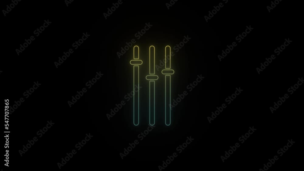 Poster glowing neon equalizer icon on black background. music setting. 4k video animation for motion graphi