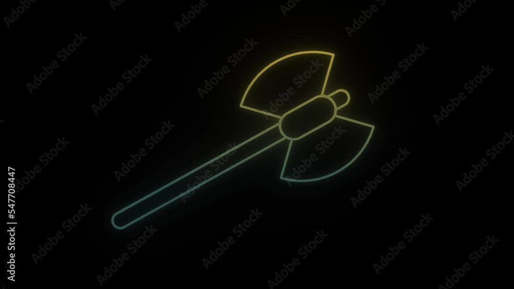 Poster glowing neon ax icon on black background. cold weapon of a warrior. 4k video animation for motion gr
