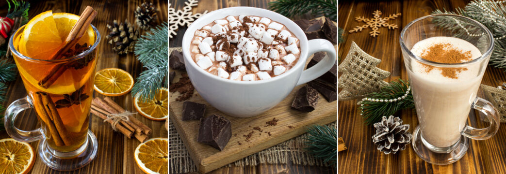 Collage of Christmas drink. Hot chocolate with marshmallows, eggnog and  mulled wine on the wooden background. Close-up.