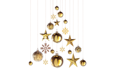 abstract gold christmastree in shades of golden structures stars snowflakes baubles hanging from above  isolated 3D Rendering