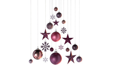 abstract christmastree in shades of pink stars snowflakes baubles hanging from above  isolated 3D...