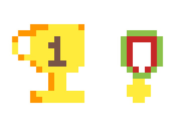 Obraz premium Pixel art, isolated: a golden cup and a medal (prizes for a competition). 