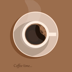  Cup of hot tasty coffee on brown background. Great element for your foot design. Coffee break concept. Season drink. 