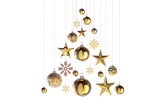 abstract gold christmastree in shades of golden structures stars snowflakes baubles hanging from above  isolated 3D Rendering