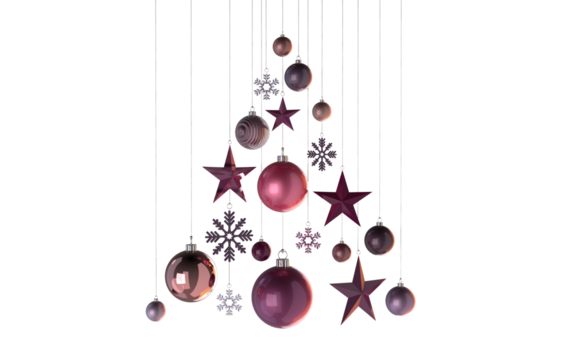 abstract christmastree in shades of pink stars snowflakes baubles hanging from above  isolated 3D Rendering - Powered by Adobe