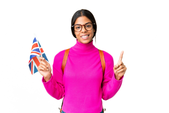 Young African American woman holding an United Kingdom flag over isolated chroma key background showing and lifting a finger in sign of the best