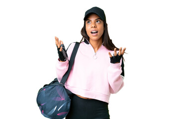 Young sport African American woman with sport bag over isolated chroma key background with surprise facial expression