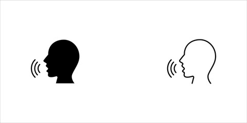 Speaking icon. Talk person sign or symbol , man with open mouth and sound wave , Voice command, speech icon for interact, vector illustration on white background.