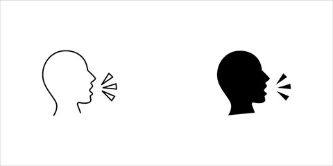 Speaking icon. Talk person sign or symbol , man with open mouth and sound wave , Voice command, speech icon for interact, vector illustration on white background.