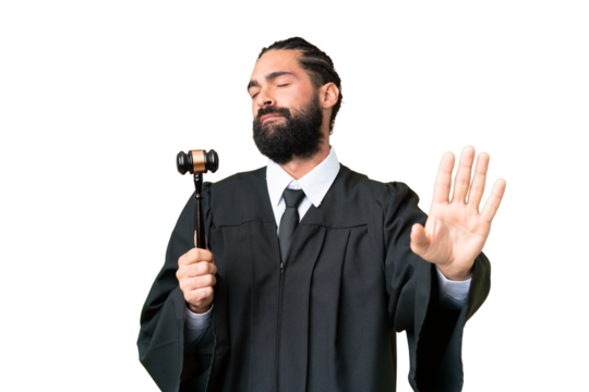 Judge caucasian man over isolated chroma key background making stop gesture and disappointed