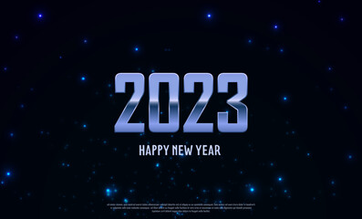 Happy New Year 2023. Merry Christmas. Template for greeting card, banner, flyer. Star sky background and sci-fi 2023 hitech.