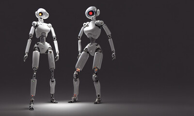 Women duo of sci-fi robots communicates each other isolated on grey background. Postproducted generative AI illustration.