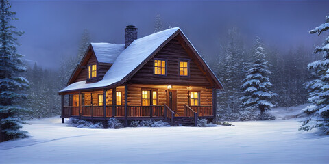 wooden cabin house with lights in the forest in winter
