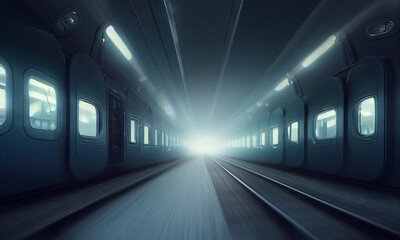 Fototapeta premium Two super modern speed trains in tunnel with light on the end in motion blur. Postproducted generative AI illustration.