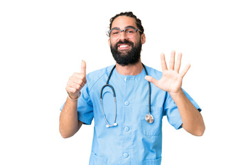 Young doctor man over isolated chroma key background counting six with fingers