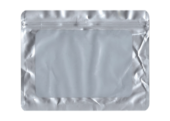 Isolated gray plastic bag with a transparent side for inspection, used to sell small items, with folds and wrinkles. Empty canvas for your creative content.

