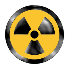 Isolated radiation warning symbol (shown near radioactive materials i.e. nuclear plants, toxic waste dumps), black plastic material.
