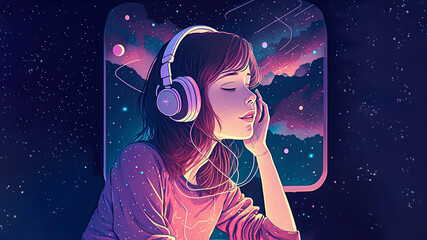 Naklejka premium Beautiful anime girl floating in space with stars, listening to lofi hip hop music with headphones.