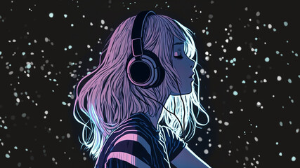 Fototapeta premium Beautiful anime girl floating in space with stars, listening to lofi hip hop music with headphones.