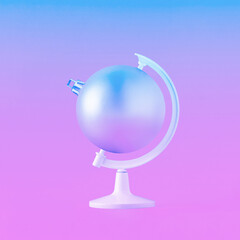 Globe stand with christmas ornament ball on isolated iridescent pink-purple-blue background. Neon lights. Minimal abstract creative 3D illustration. New Year's Eve concept. Vaporwave creative card.
