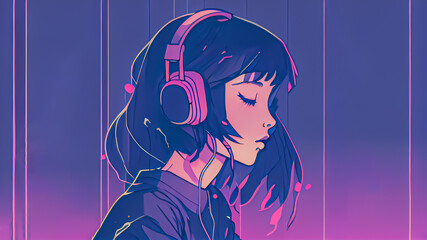 Beautiful anime girl listening to lofi hip hop music with headphones. Manga, cartoon drawing.