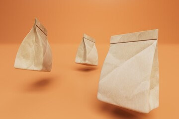 the concept of fast food delivery. packing paper bags on an orange background. 3D render