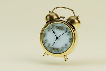 time for work and leisure. Golden alarm clock on a pastel background. 3D render