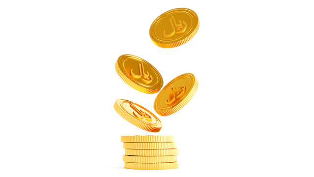 3D render of Islamic Rial coins standing near of stacked golden coins. gold riyal isolated on white background