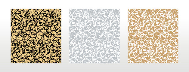 Wallpapers in the style of Baroque. Seamless vector backgrounds. Set of colored floral ornaments. Graphic patterns for fabric, wallpaper, packaging. Ornate Damask flower ornaments - obrazy, fototapety, plakaty