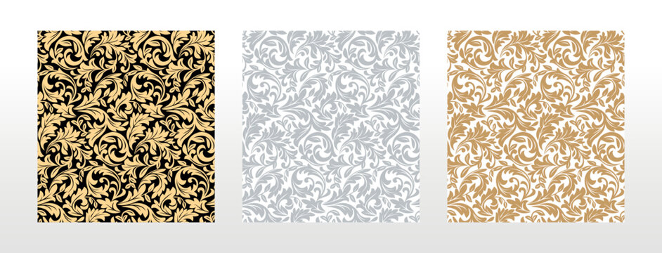 Wallpapers in the style of Baroque. Seamless vector backgrounds. Set of colored floral ornaments. Graphic patterns for fabric, wallpaper, packaging. Ornate Damask flower ornaments