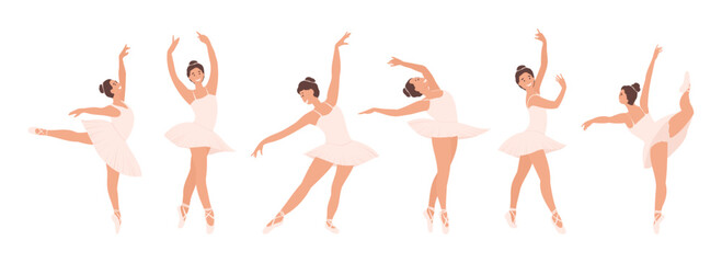 Set, collection of Ballerinas in Different, various Poses Dancing Ballet isolated on white. Cartoon Girl, Woman Classic Choreography dancer, pink tutu and Pointe shoes.