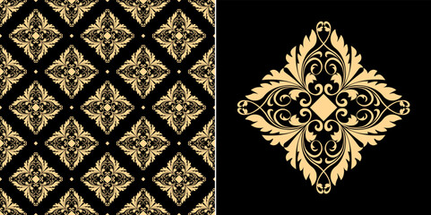 Wallpaper in the style of Baroque. Seamless vector background. Gold and black floral ornament. Graphic pattern for fabric, wallpaper, packaging. Ornate Damask flower ornament