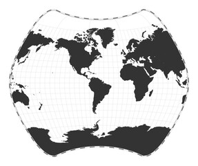 Vector world map. Larrivee projection. Plan world geographical map with latitude/longitude lines. Centered to 60deg E longitude. Vector illustration.